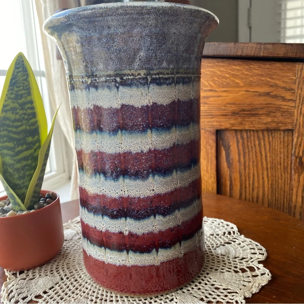 Studio Pottery Large Striped Ceramic Vase 5.5” x 9” inches Seagrove, NC 2016 EUC
